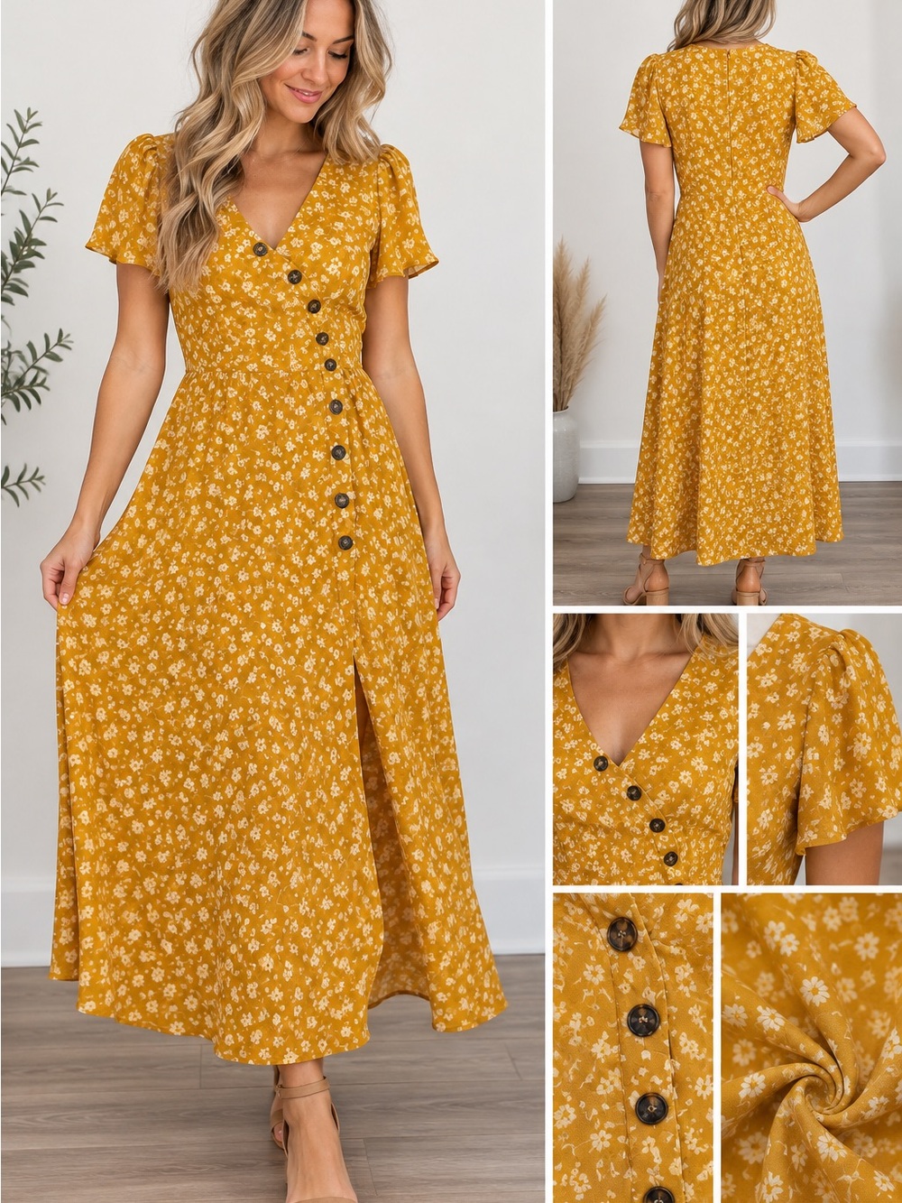 Lulu's Mustard Floral Button-Front Midi Dress